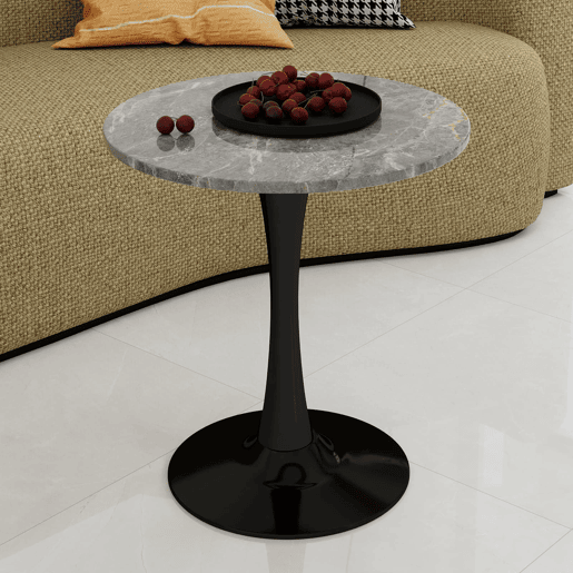 Mesa de centro 70 cm - Estilo mid-century, tampo redondo em mármore cinza escuro - Preto+Cinza
