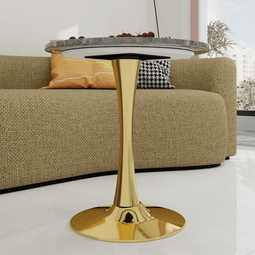 Mesa de centro 70 cm - estilo mid-century, tampo redondo em mármore cinza escuro - dourado