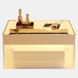 Mesa de centro 70x70x35 cm - Mesa auxiliar com 2 gavetas, mesa de sala com design perfurado, vidro temperado com LED, Branco