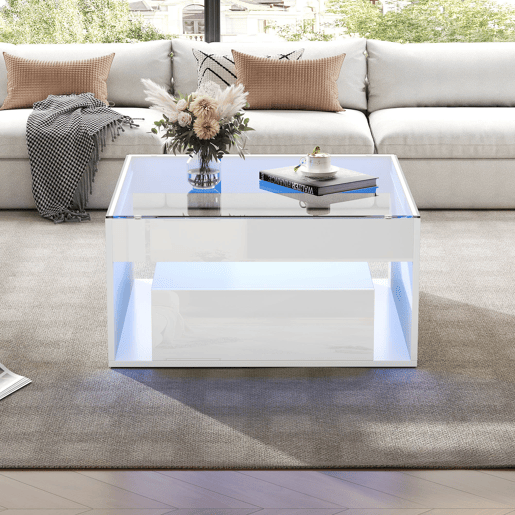 Mesa de centro 70x70x35 cm - Mesa auxiliar com 2 gavetas, mesa de sala com design perfurado, vidro temperado com LED, Branco