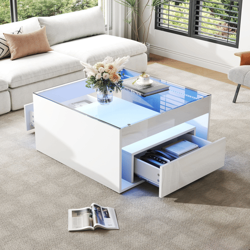 Mesa de centro 70x70x35 cm - Mesa auxiliar com 2 gavetas, mesa de sala com design perfurado, vidro temperado com LED, Branco