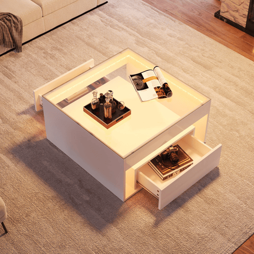 Mesa de centro 70x70x35 cm - Mesa auxiliar com 2 gavetas, mesa de sala com design perfurado, vidro temperado com LED, Branco
