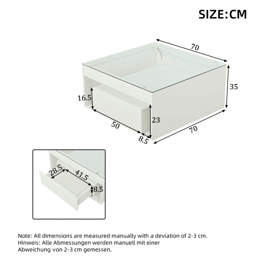 Mesa de centro 70x70x35 cm - Mesa auxiliar com 2 gavetas, mesa de sala com design perfurado, vidro temperado com LED, Branco
