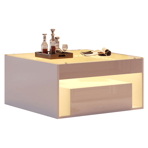 Mesa de centro 70x70x35 cm - Mesa auxiliar com 2 gavetas, mesa de sala com design perfurado, vidro temperado com LED, Branco