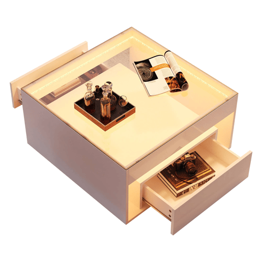 Mesa de centro 70x70x35 cm - Mesa auxiliar com 2 gavetas, mesa de sala com design perfurado, vidro temperado com LED, Branco