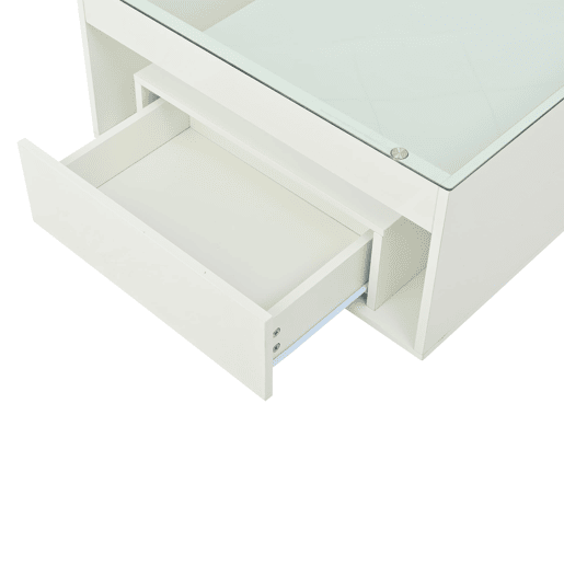 Mesa de centro 70x70x35 cm - Mesa auxiliar com 2 gavetas, mesa de sala com design perfurado, vidro temperado com LED, Branco