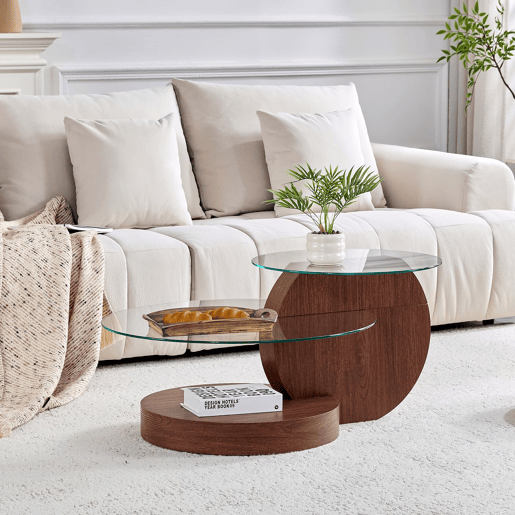 Mesa de centro - vidro de segurança de 2 níveis, design minimalista, MDF veado - TransparenteNogueira