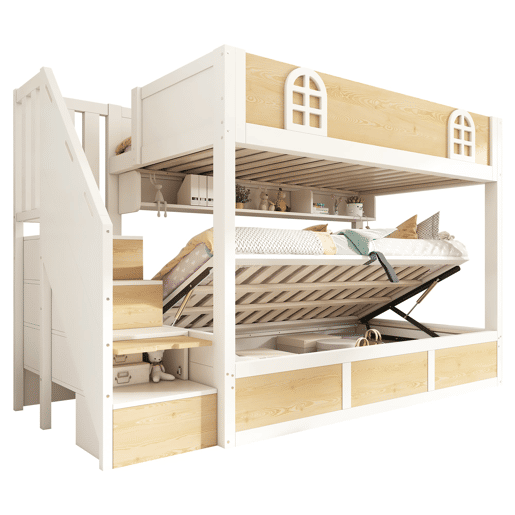 Beliche infantil 90x200 cm - com escada e arrumação, segurança, sem colchão - branco e natural