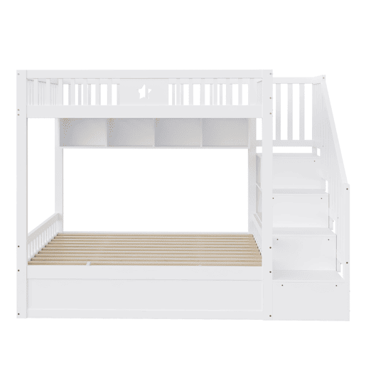 Cama juvenil 140x200 cm - Altura com sistema hidráulico, escada com arrumação e prateleiras - Branco Cama juvenil 140x200 cm - Altura com sistema hidráulico, escada com arrumação e prateleiras - Branco