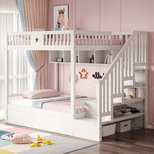 Cama juvenil 140x200 cm - Altura com sistema hidráulico, escada com arrumação e prateleiras - Branco Cama juvenil 140x200 cm - Altura com sistema hidráulico, escada com arrumação e prateleiras - Branco