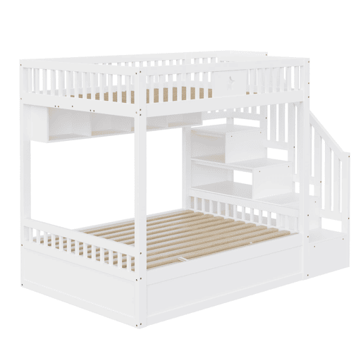 Cama juvenil 140x200 cm - Altura com sistema hidráulico, escada com arrumação e prateleiras - Branco Cama juvenil 140x200 cm - Altura com sistema hidráulico, escada com arrumação e prateleiras - Branco
