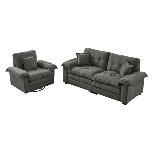 Sofá de 2 lugares + 1 lugar - Chenille, acolchoado duplo, almofadas decorativas - Cinza