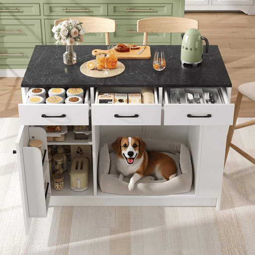 Ilha de cozinha 120x60x90 cm - 3 gavetas, prateleira dupla, área para animais de estimação - Branco