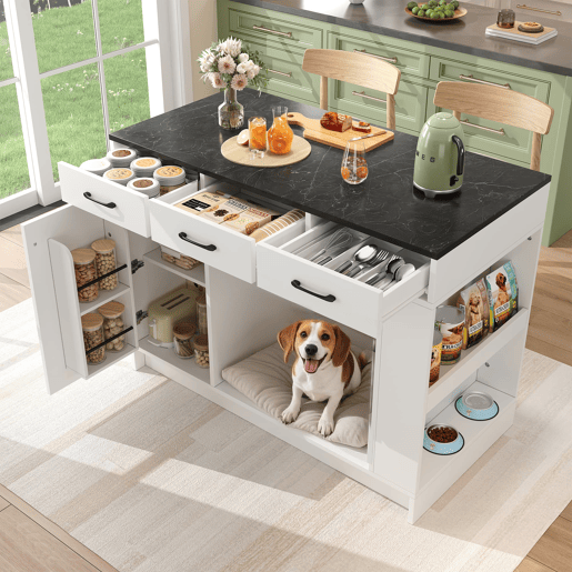 Ilha de cozinha 120x60x90 cm - 3 gavetas, prateleira dupla, área para animais de estimação - Branco