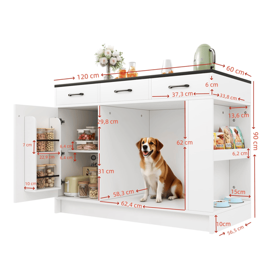 Ilha de cozinha 120x60x90 cm - 3 gavetas, prateleira dupla, área para animais de estimação - Branco