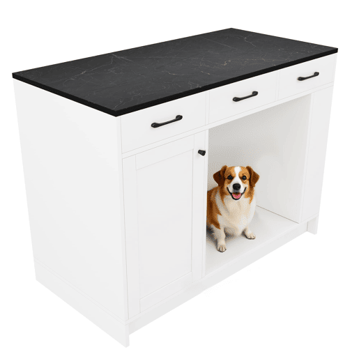 Ilha de cozinha 120x60x90 cm - 3 gavetas, prateleira dupla, área para animais de estimação - Branco