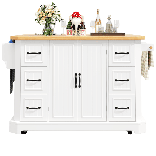 Ilha de cozinha móvel 120x45x91 cm - 2 portas, 6 gavetas, rodas - Branco