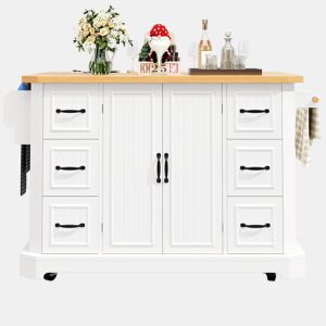 Ilha de cozinha móvel 120x45x91 cm - 2 portas, 6 gavetas, rodas - Branco