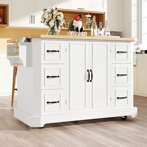 Ilha de cozinha móvel 120x45x91 cm - 2 portas, 6 gavetas, rodas - Branco