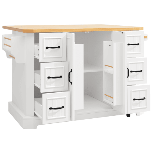 Ilha de cozinha móvel 120x45x91 cm - 2 portas, 6 gavetas, rodas - Branco