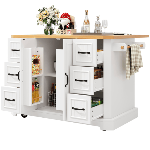 Ilha de cozinha móvel 120x45x91 cm - 2 portas, 6 gavetas, rodas - Branco