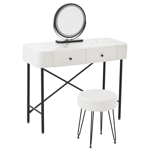 Penteadeira com luz e banqueta 100x40x120 cm - LED, 2 gavetas, superfície com efeito mármore - Preto e branco