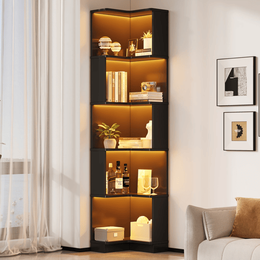 Estante de canto 63,5x45x175 cm - LED RGB com app, em L, 5 prateleiras - preto Estante de canto 63,5x45x175 cm - LED RGB com app, em L, 5 prateleiras - preto