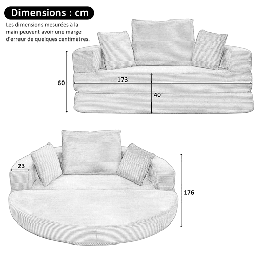 Sofá-cama dobrável 173x176 cm - Modular, almofadas incluídas, estofado em veludo cotelê - Cinza