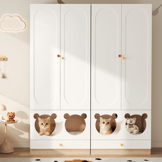 Armário infantil 160x50x200 cm - 2 peças, barra para pendurar, cama para gato - Branco+Natural