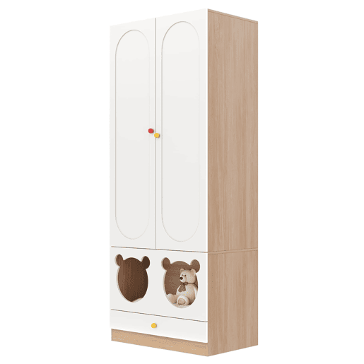 Armário infantil 160x50x200 cm - 2 peças, barra para pendurar, cama para gato - Branco+Natural