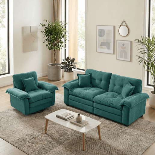 Sofá de 2 peças - Chenille, acolchoado duplo e almofadas decorativas - Verde Sofá de 2 peças - Chenille, acolchoado duplo e almofadas decorativas - Verde