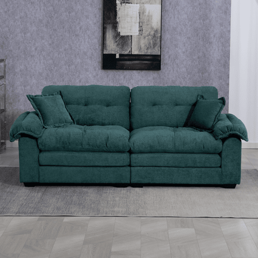 Sofá de 2 peças - Chenille, acolchoado duplo e almofadas decorativas - Verde Sofá de 2 peças - Chenille, acolchoado duplo e almofadas decorativas - Verde