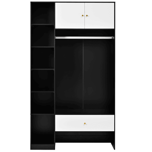 Roupeiro compacto 105x185x40 cm - 2 portas, 6 compartimentos, barra e gaveta - Branco+Preto