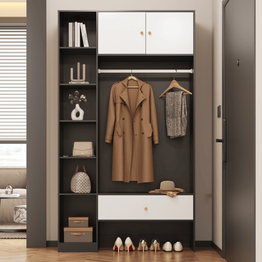 Roupeiro compacto 105x185x40 cm - 2 portas, 6 compartimentos, barra e gaveta - Branco+Preto