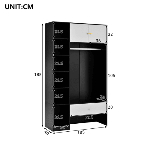 Roupeiro compacto 105x185x40 cm - 2 portas, 6 compartimentos, barra e gaveta - Branco+Preto