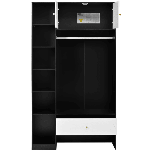 Roupeiro compacto 105x185x40 cm - 2 portas, 6 compartimentos, barra e gaveta - Branco+Preto