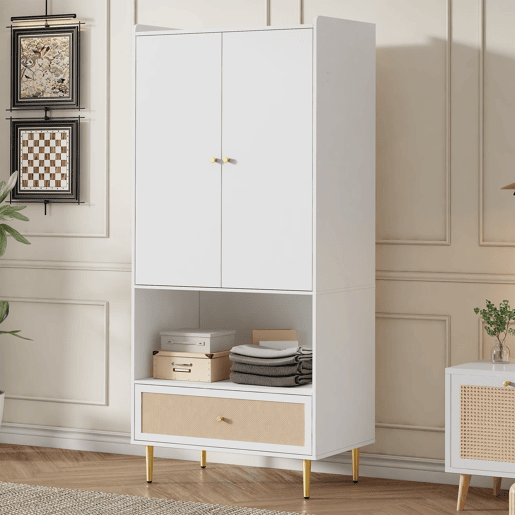 Armário 80x48x175 cm - 2 portas, gaveta em rattan, barra para roupas, pés e puxadores metálicos - Natural+Branco