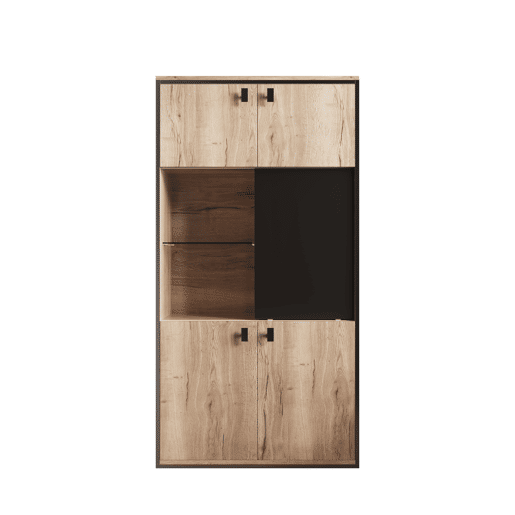 Armário modular - Portas duplas superiores, portas deslizantes centrais, prateleiras abertas - Natural