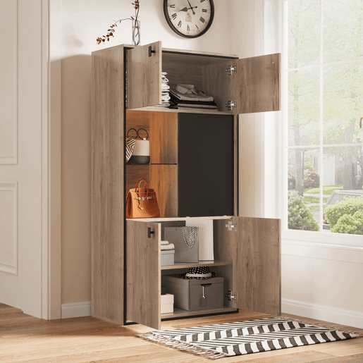 Armário modular - Portas duplas superiores, portas deslizantes centrais, prateleiras abertas - Natural