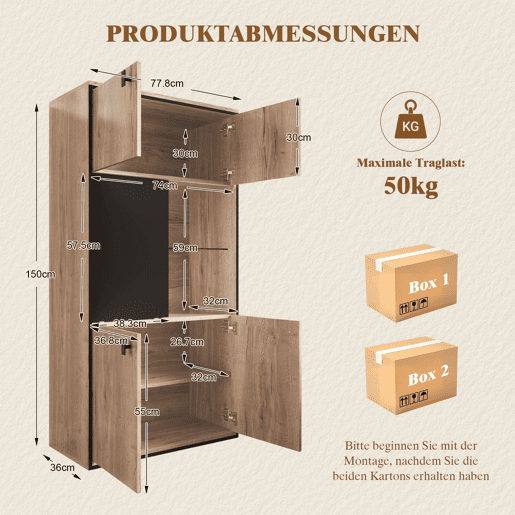 Armário modular - Portas duplas superiores, portas deslizantes centrais, prateleiras abertas - Natural