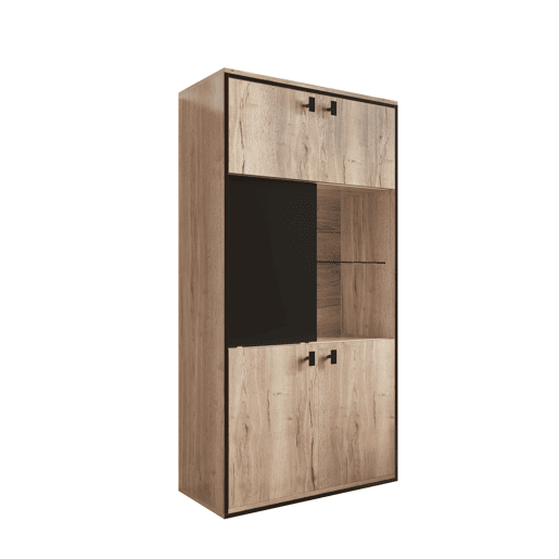 Armário modular - Portas duplas superiores, portas deslizantes centrais, prateleiras abertas - Natural