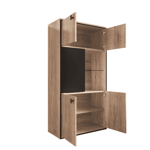 Armário modular - Portas duplas superiores, portas deslizantes centrais, prateleiras abertas - Natural