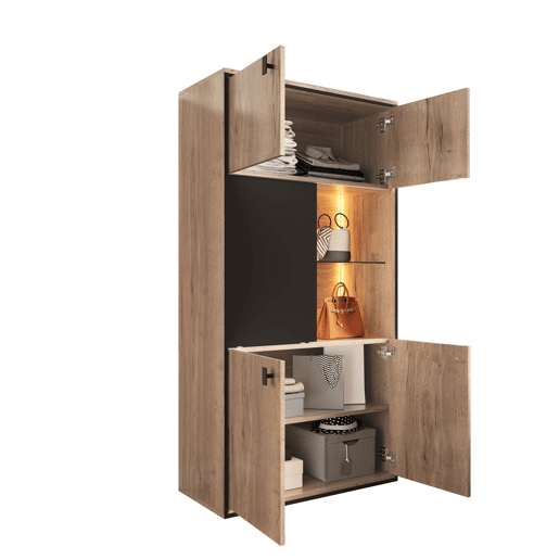 Armário modular - Portas duplas superiores, portas deslizantes centrais, prateleiras abertas - Natural
