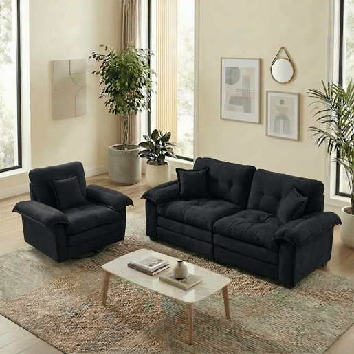 Sofá de 2 peças 3+2 lugares - Chenille, almofadas decorativas, assento profundo - Preto