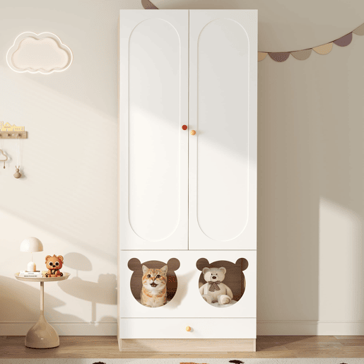 Armário infantil 80x50x200 cm - com barra para pendurar e cama para gato, puxadores em cerâmica - Natural+Branco