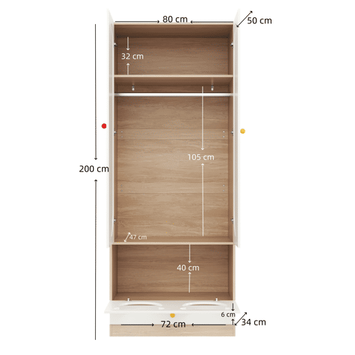 Armário infantil 80x50x200 cm - com barra para pendurar e cama para gato, puxadores em cerâmica - Natural+Branco