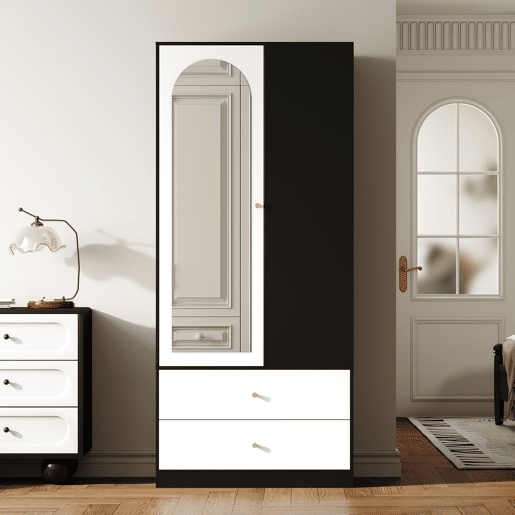 Armário com espelho 80x40x180 cm - 1 porta, 2 gavetas, 4 prateleiras - Preto e branco Armário com espelho 80x40x180 cm - 1 porta, 2 gavetas, 4 prateleiras - Preto e branco