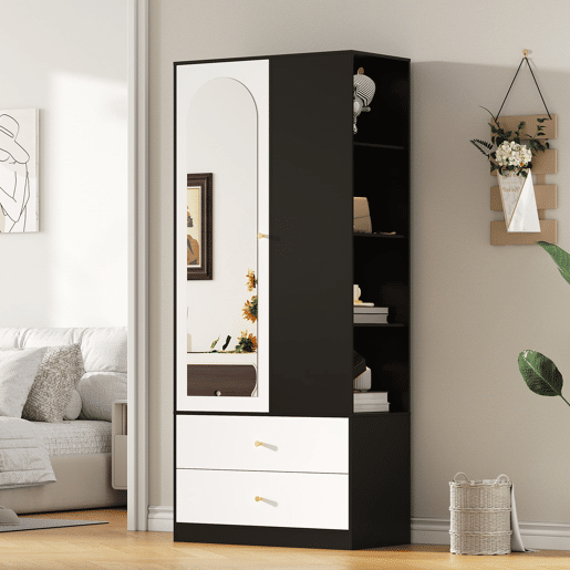 Armário com espelho 80x40x180 cm - 1 porta, 2 gavetas, 4 prateleiras - Preto e branco Armário com espelho 80x40x180 cm - 1 porta, 2 gavetas, 4 prateleiras - Preto e branco
