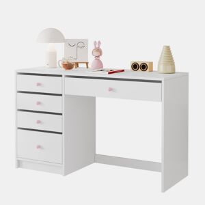 Secretária infantil 120x45x74 cm - 5 gavetas com puxadores em cerâmica rosa - branco