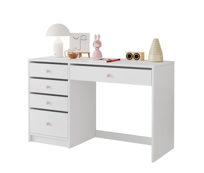 Escritorio infantil 120x45x74 cm - 5 cajones con tiradores cerámica rosa - blanco